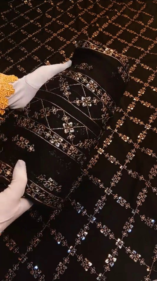 Pure Chiffon Unstitched Suit 2 Piece-Heavy Jaal Embroidery (Black Color)