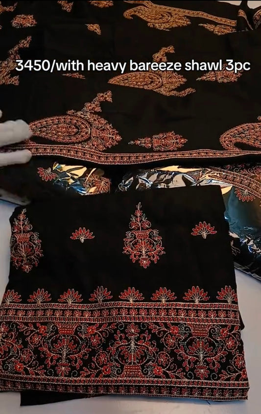 Peach Dhanak 3 Piece with Heavy Bareeze Shawl (Black Color)