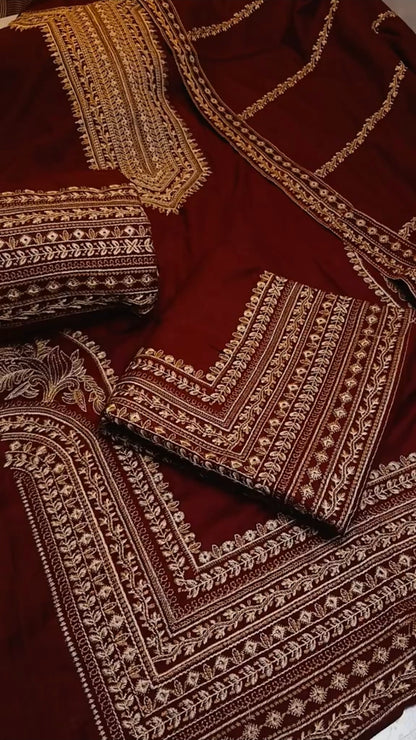 Peach Dhanak 3 Piece Unstitched (Mehroon)