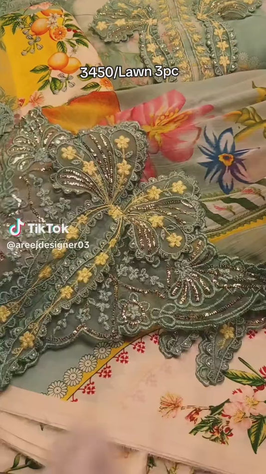 Lawn 3pc Article (Unstitched) with Bow Style Bamber Chiffon Dupatta