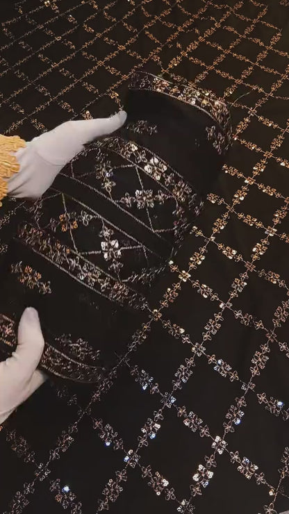 Pure Chiffon Unstitched Suit 2 Piece-Heavy Jaal Embroidery (Black Color)