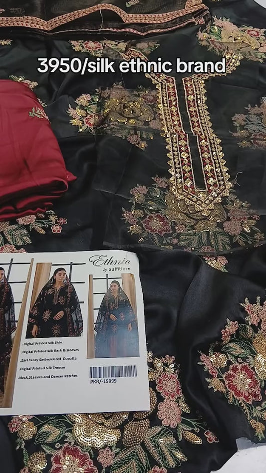 Ethnic Black Silk Unstitched 3-Piece Suit