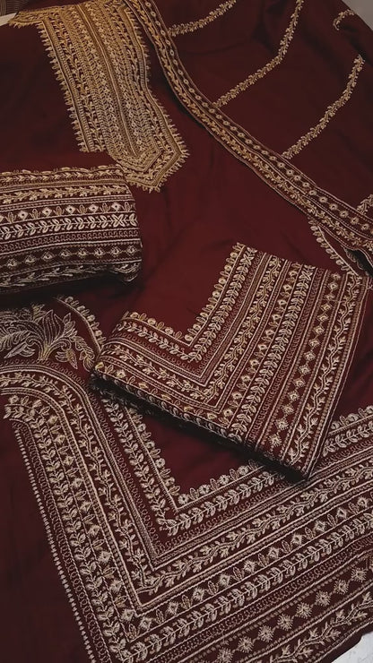 Peach Dhanak 3 Piece Unstitched (Mehroon)