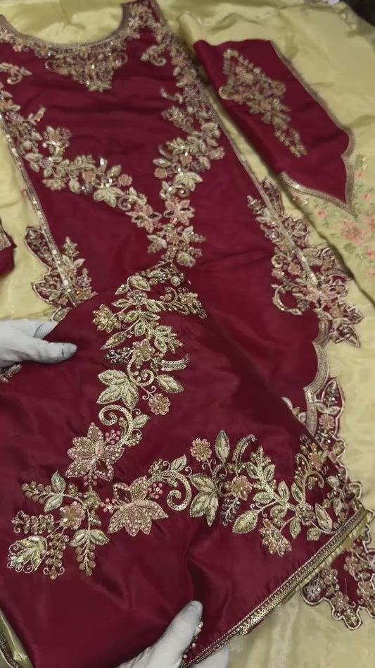 Sara Rohail Asghar Handmade Adda Work Tussal Soft Silk 3pc Article (Unstitchedl)