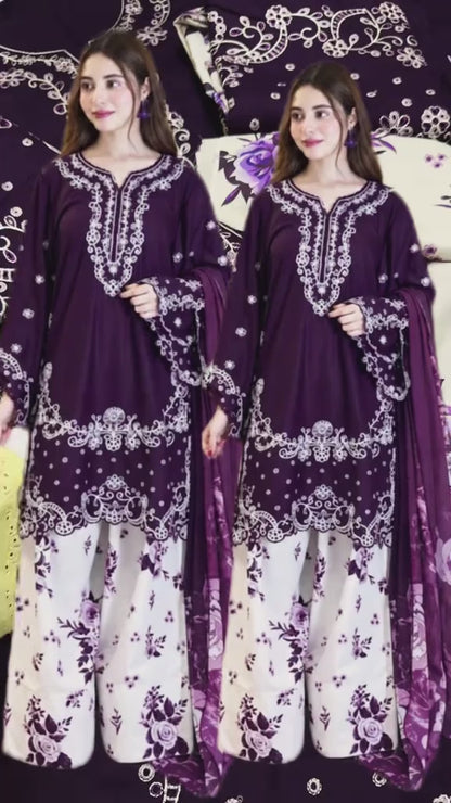 Dhanak Dress With Grip Printed Touser 2pc Article (Unstitched) Plum