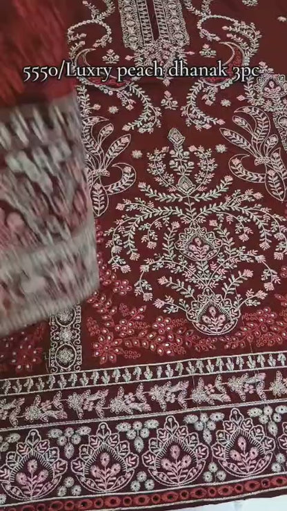 Luxury Peach Dhanak 3-Piece Dress – Mehroon Elegance Edition