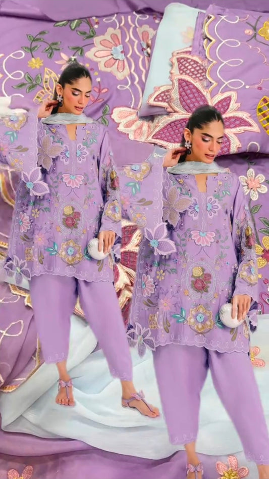 Mian Mian Designer Collection: 3D Flower Dhanak 3Pc Unstitched Suit