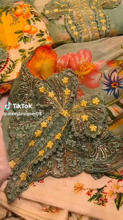 Lawn 3pc Article (Unstitched) with Bow Style Bamber Chiffon Dupatta