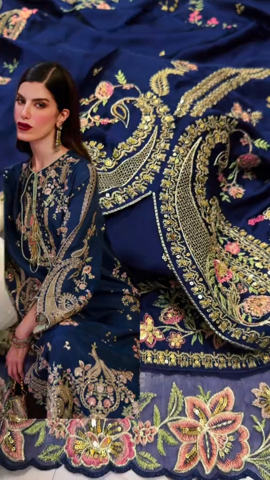 Ethnic Designer Boutique Style 3pc Silk Article (Unstitched)