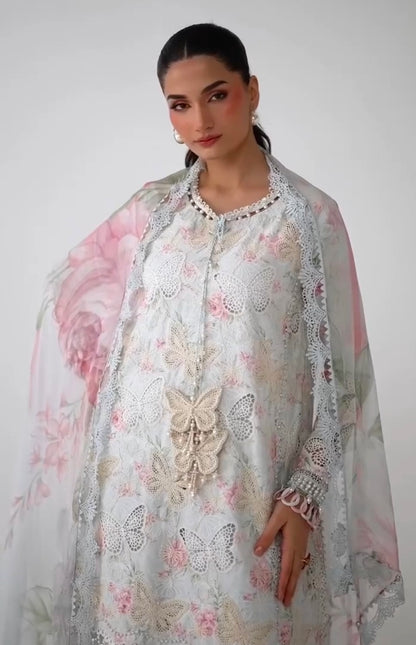 Maria B Viral Butterfly Chickenkaari Dress Lawn 3pc (Unstitched) Grey Color