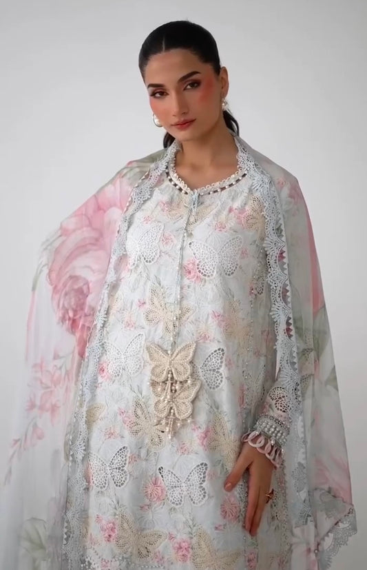 Maria B Viral Butterfly Chickenkaari Dress Lawn 3pc (Unstitched) Grey Color